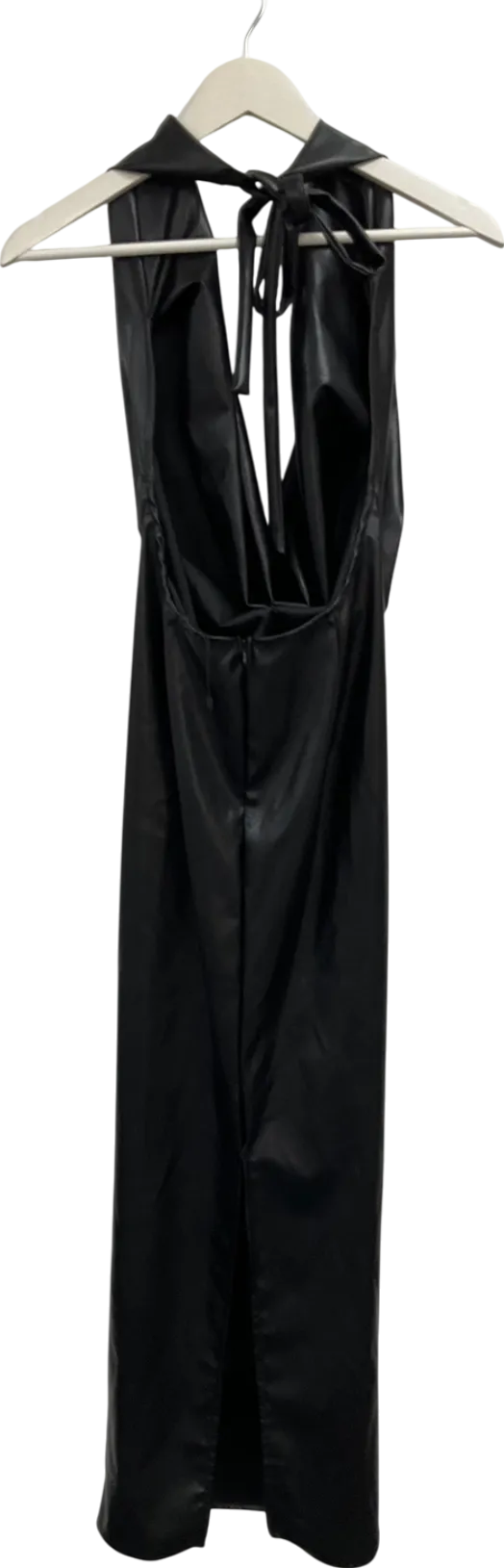 MURCI Black Leather Look Halterneck Deep Plunge Maxi Dress UK 8