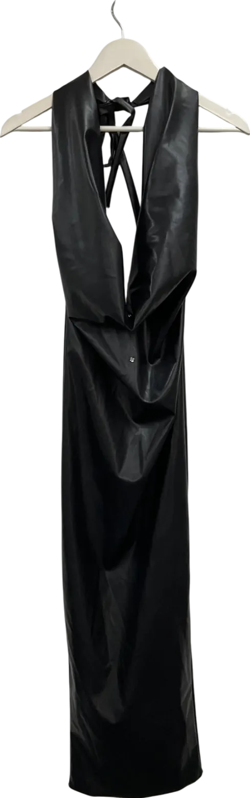 MURCI Black Leather Look Halterneck Deep Plunge Maxi Dress UK 8
