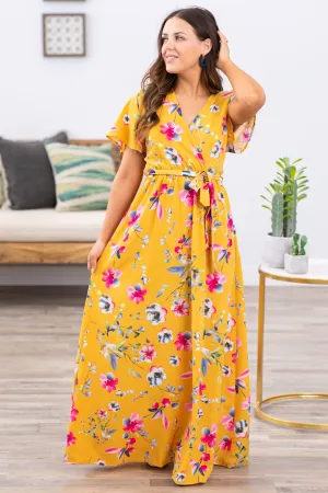Mustard Multicolor Floral Print Maxi Dress