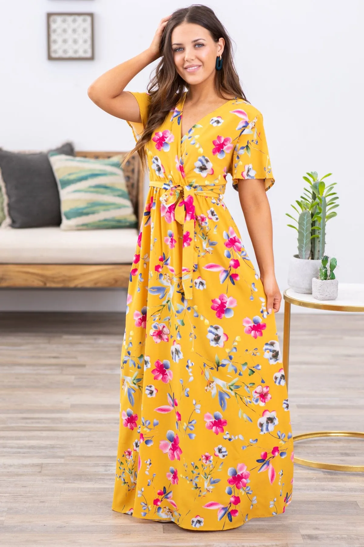 Mustard Multicolor Floral Print Maxi Dress