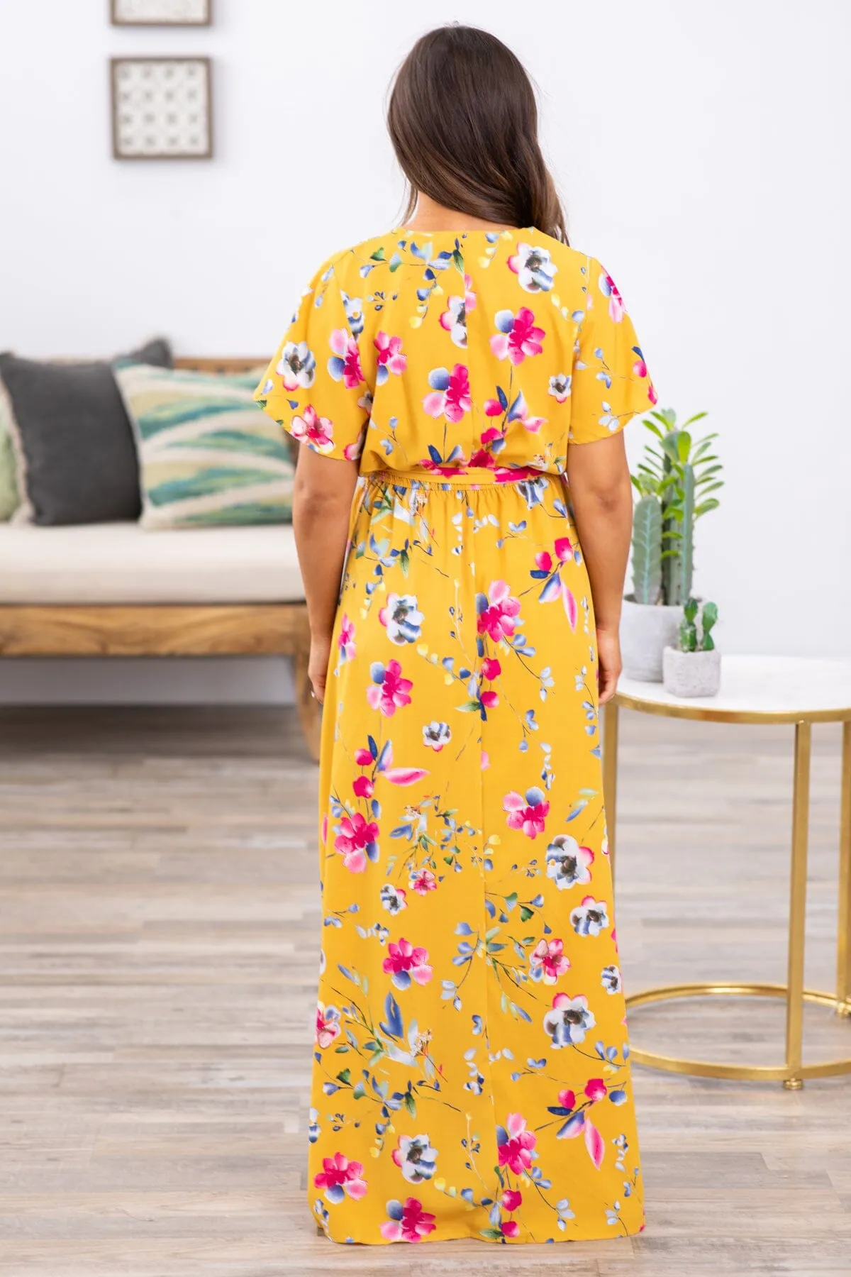 Mustard Multicolor Floral Print Maxi Dress