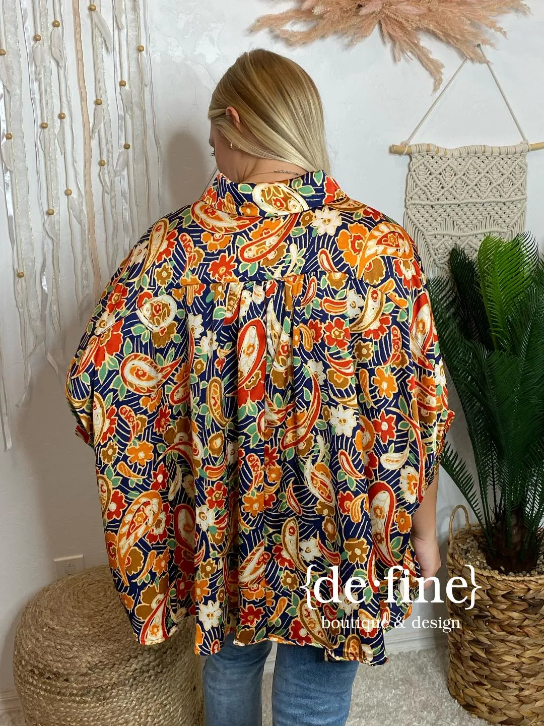 Navy and Orange Paisley Satin Oversized 3/4 Sleeve Blouse