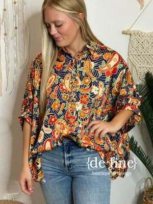 Navy and Orange Paisley Satin Oversized 3/4 Sleeve Blouse