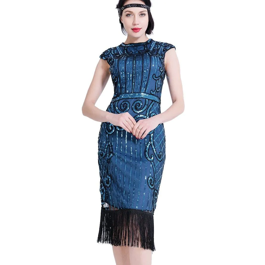 Navy Blue Flapper Dress Great Gatsby Art Deco 20s Birthday Party|JaosWish