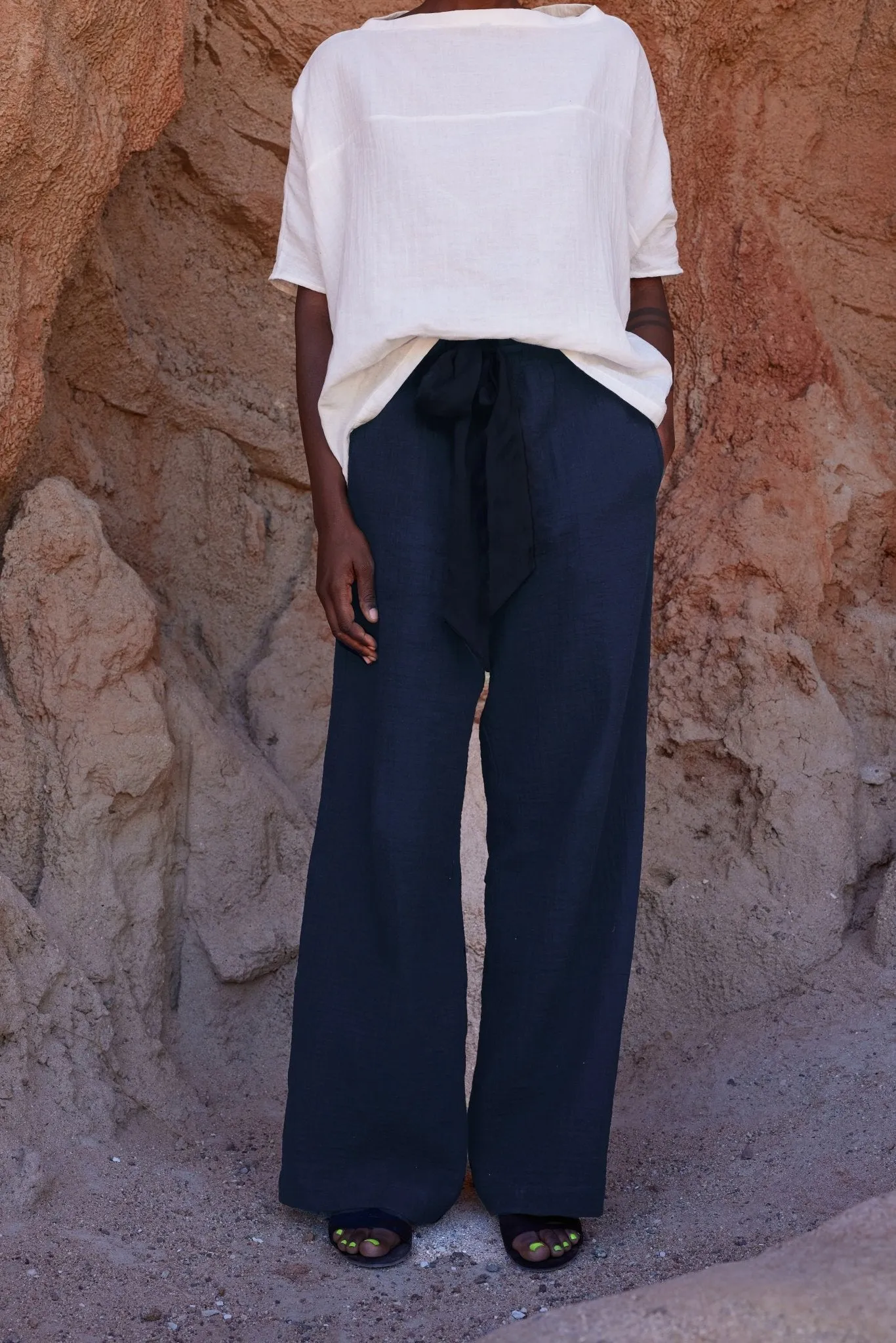 Navy Gauze Palazzo Pant WITH Satin Tie Belt