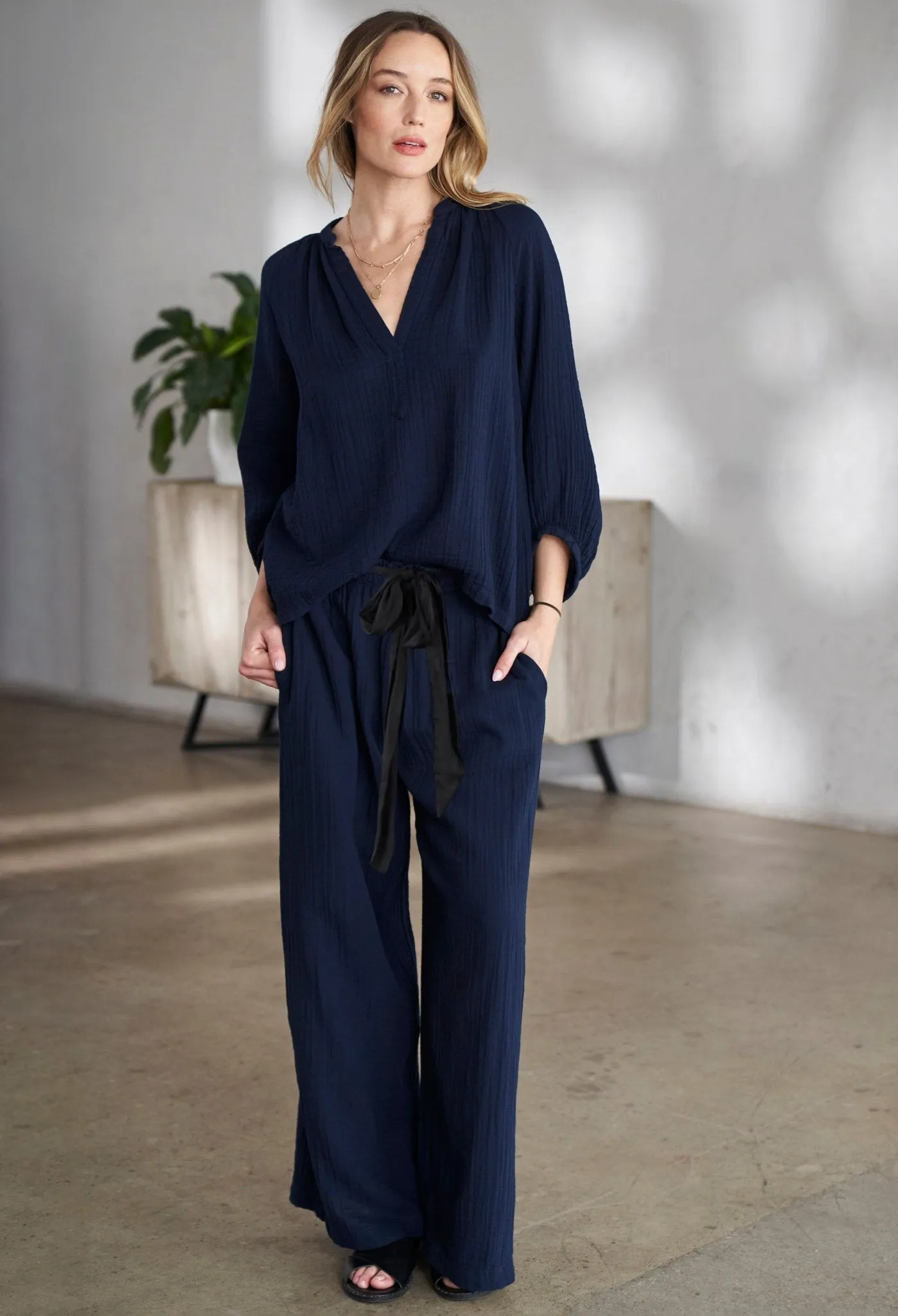Navy Gauze Palazzo Pant WITH Satin Tie Belt