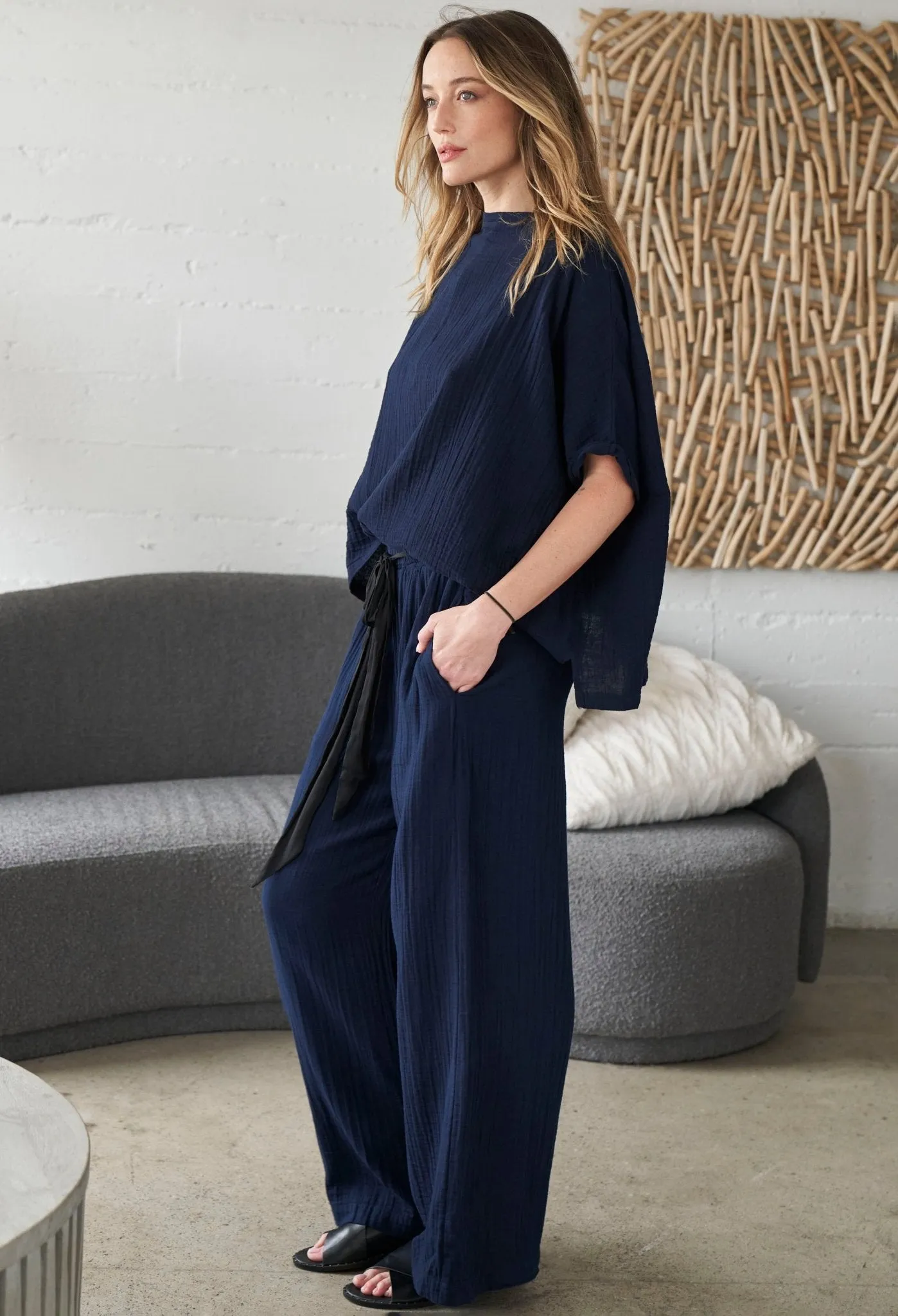 Navy Gauze Palazzo Pant WITH Satin Tie Belt