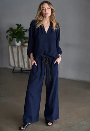 Navy Gauze Palazzo Pant WITH Satin Tie Belt