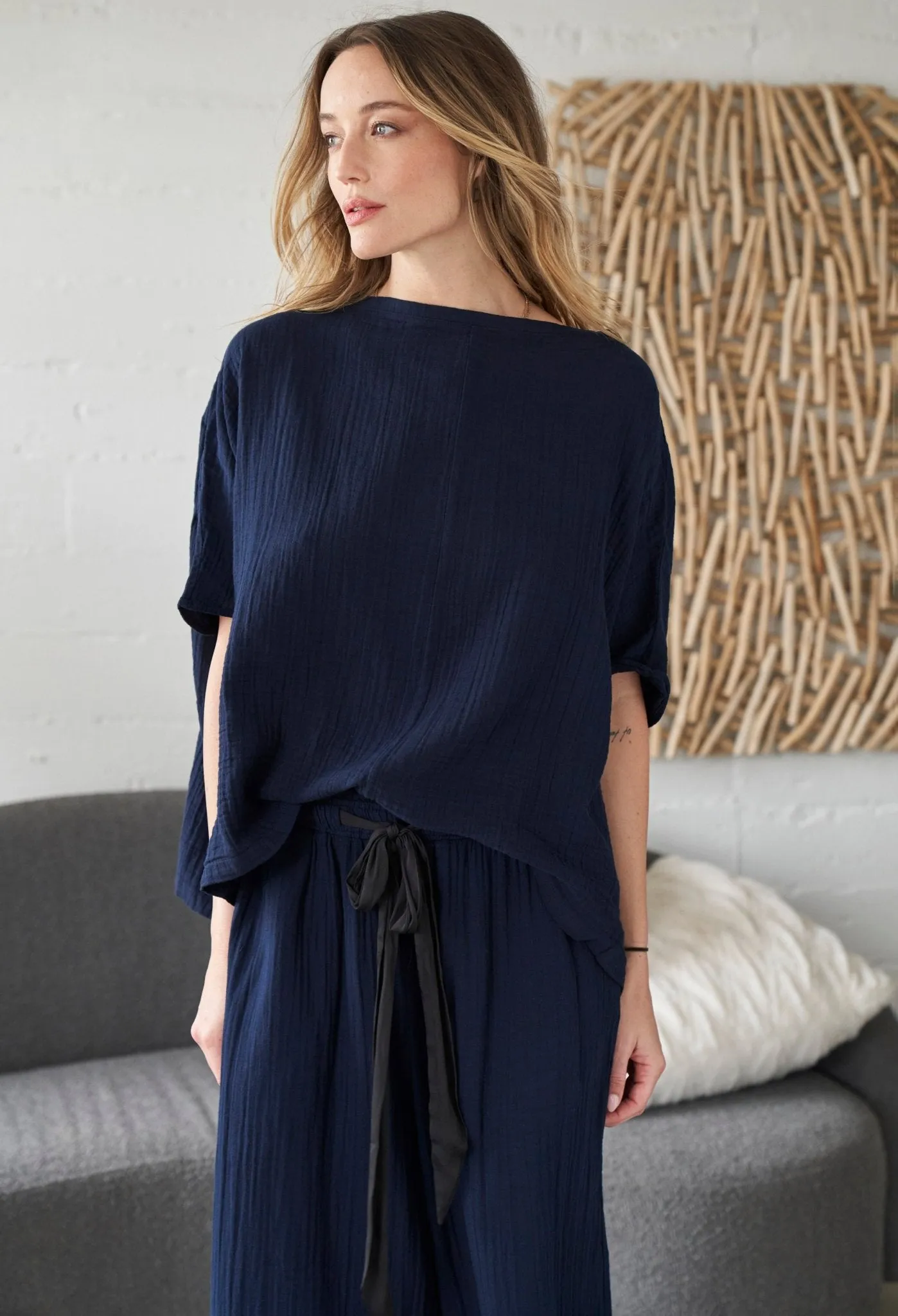 Navy Gauze Palazzo Pant WITH Satin Tie Belt