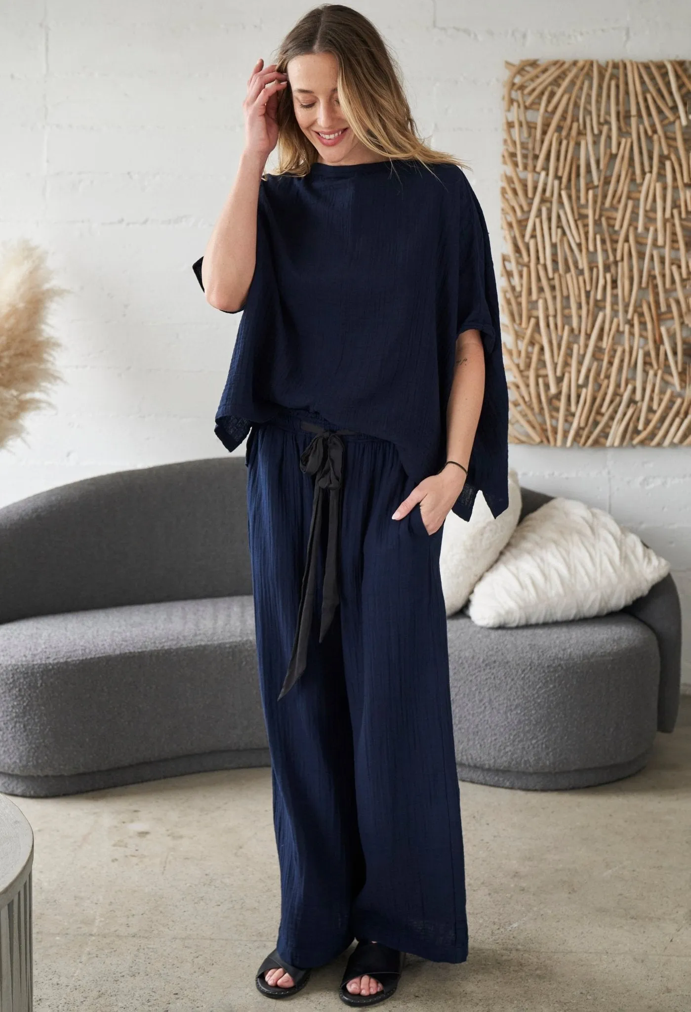Navy Gauze Palazzo Pant WITH Satin Tie Belt