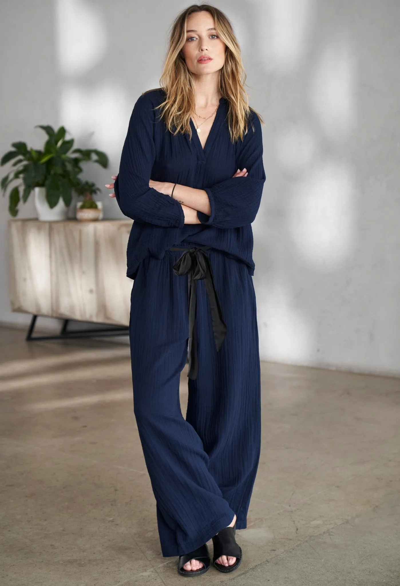 Navy Gauze Palazzo Pant WITH Satin Tie Belt