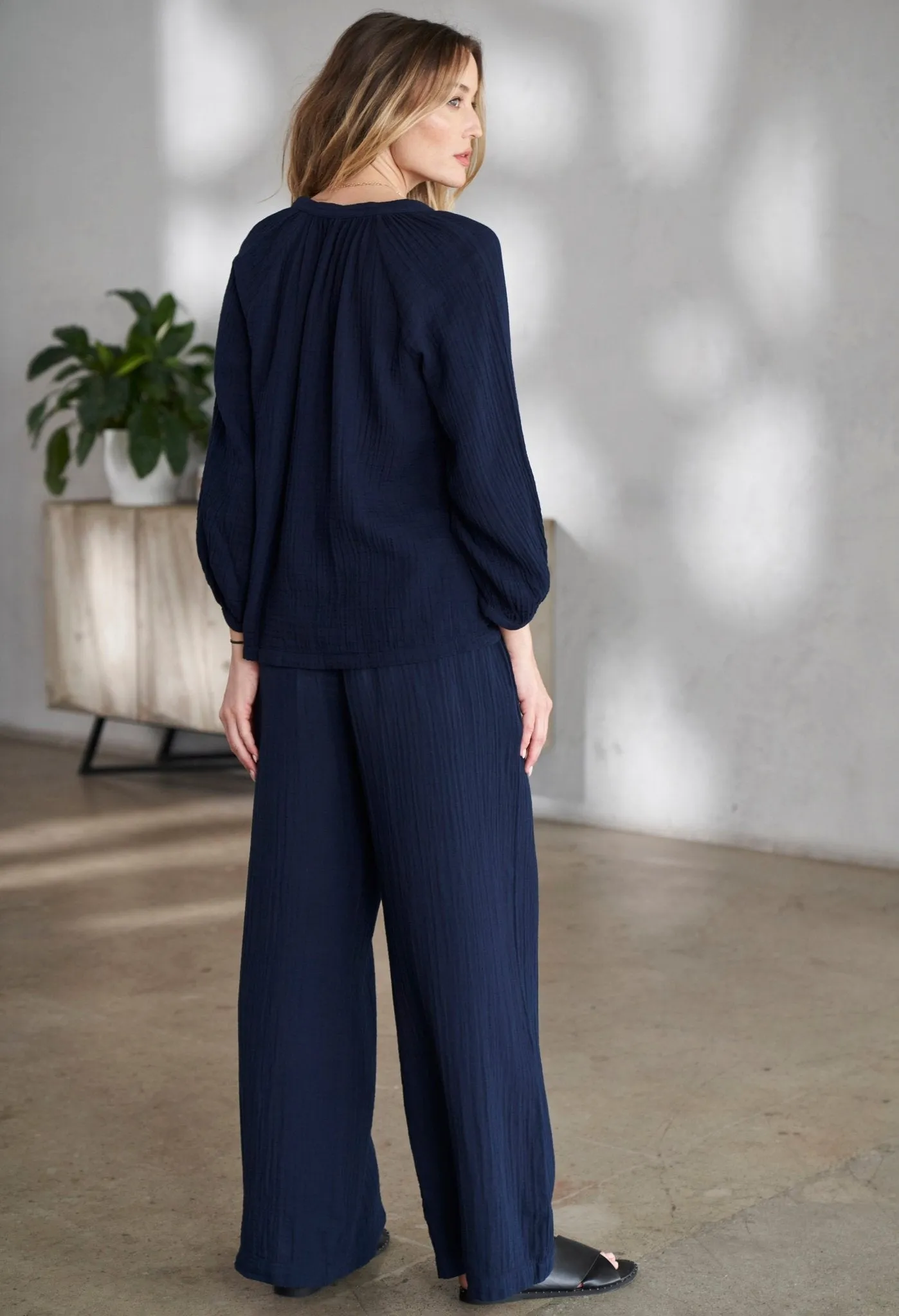 Navy Gauze Palazzo Pant WITH Satin Tie Belt