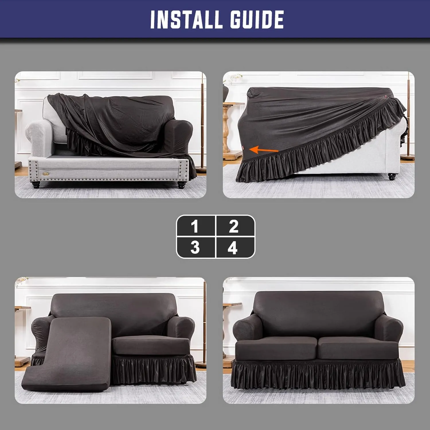 New AmazeCov 3 Pieces Specially Designed for T Cushion Loveseat Slipcovers with 2 Individually T Cushion Shape Stretch Seat Covers with Ruffle Skirt Foil Printed with Elastic Bottom, Chocolate Retails $86 