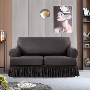 New AmazeCov 3 Pieces Specially Designed for T Cushion Loveseat Slipcovers with 2 Individually T Cushion Shape Stretch Seat Covers with Ruffle Skirt Foil Printed with Elastic Bottom, Chocolate Retails $86 