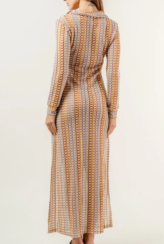 NEW Colorblock Crochet Coverup Knit Long Sleeve Maxi Dress, Sz S/M, Retails $80