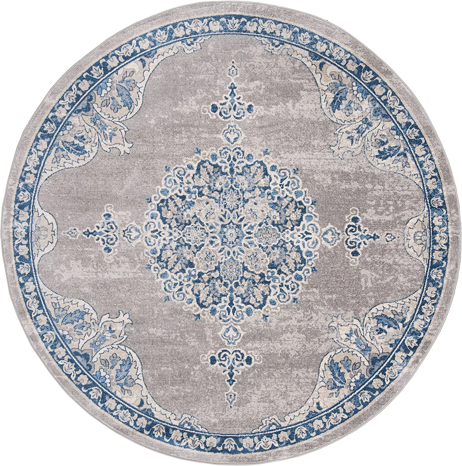 NEW Safavieh Brentwood Collection BNT867G Medallion Distressed Area Rug, 3' Round, Light Grey/Blue