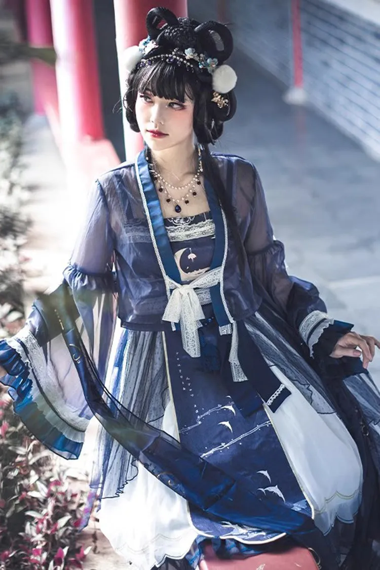 [Night and the Oriole] Print Ruffle Bowknot Lace Sweet Chinese Style Lolita Jsk Dress 2 Colors
