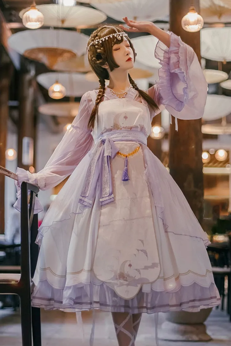 [Night and the Oriole] Print Ruffle Bowknot Lace Sweet Chinese Style Lolita Jsk Dress 2 Colors