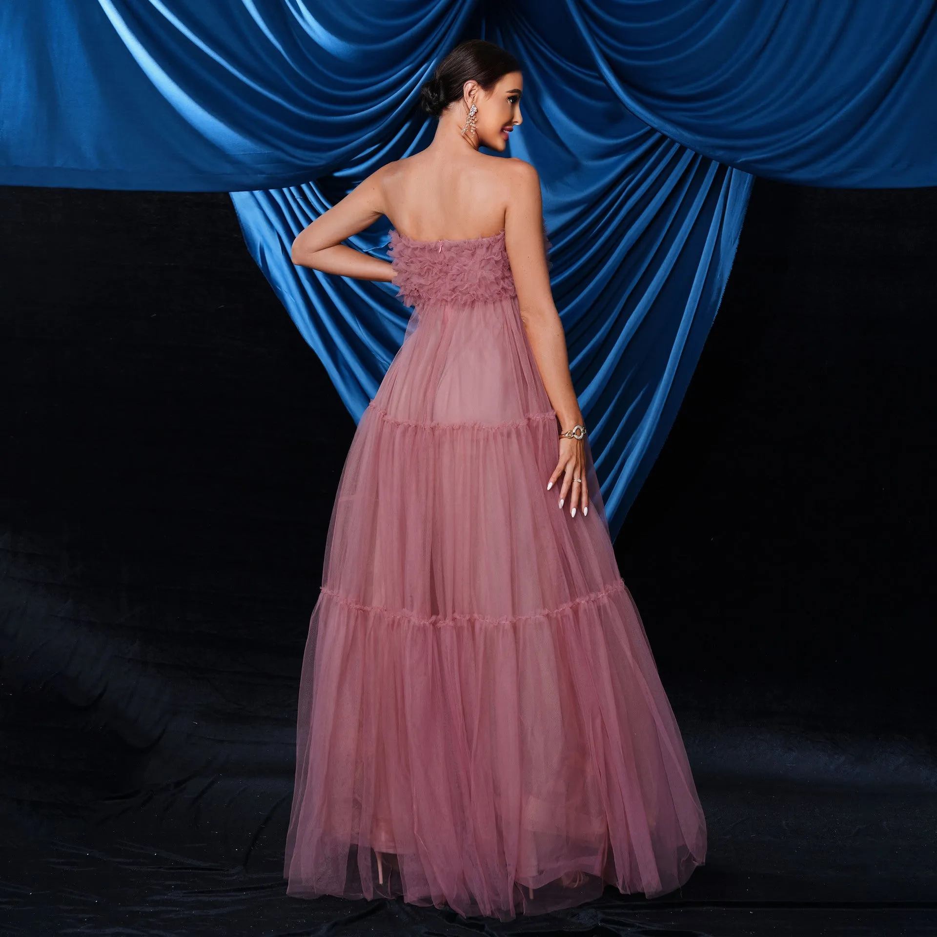 Off Shoulder Backless Tulle Evening Pink Dress