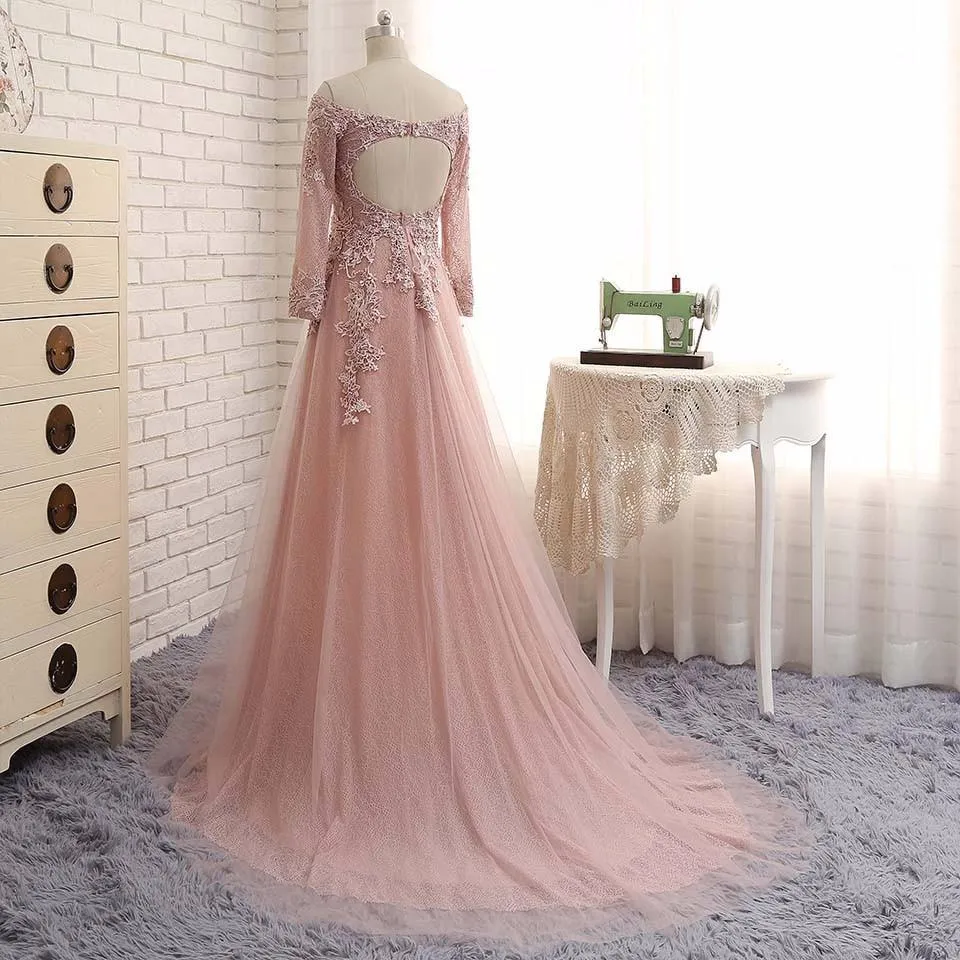Off Shoulder Long Sleeve Lace Beaded Long A-line Open Back Prom Wedding Dresses, BG0153