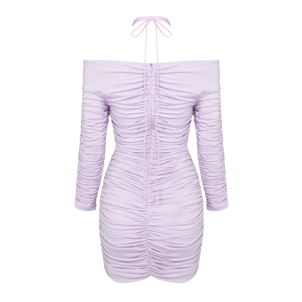 Off Shoulder Long Sleeve Wrinkled Mini Bodycon Dress BD2448