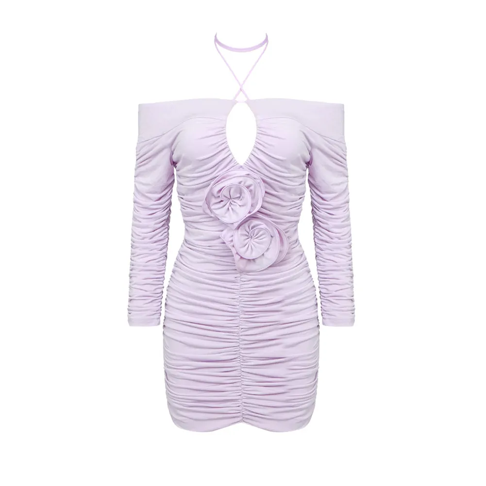 Off Shoulder Long Sleeve Wrinkled Mini Bodycon Dress BD2448