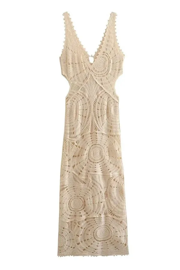 On Vacay Time Crochet Lace Cutout Waist Coverup Stretch Maxi Dress