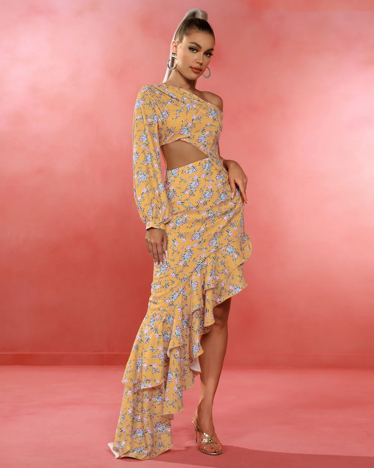 One Shoulder Cut Out Floral Maxi Dress