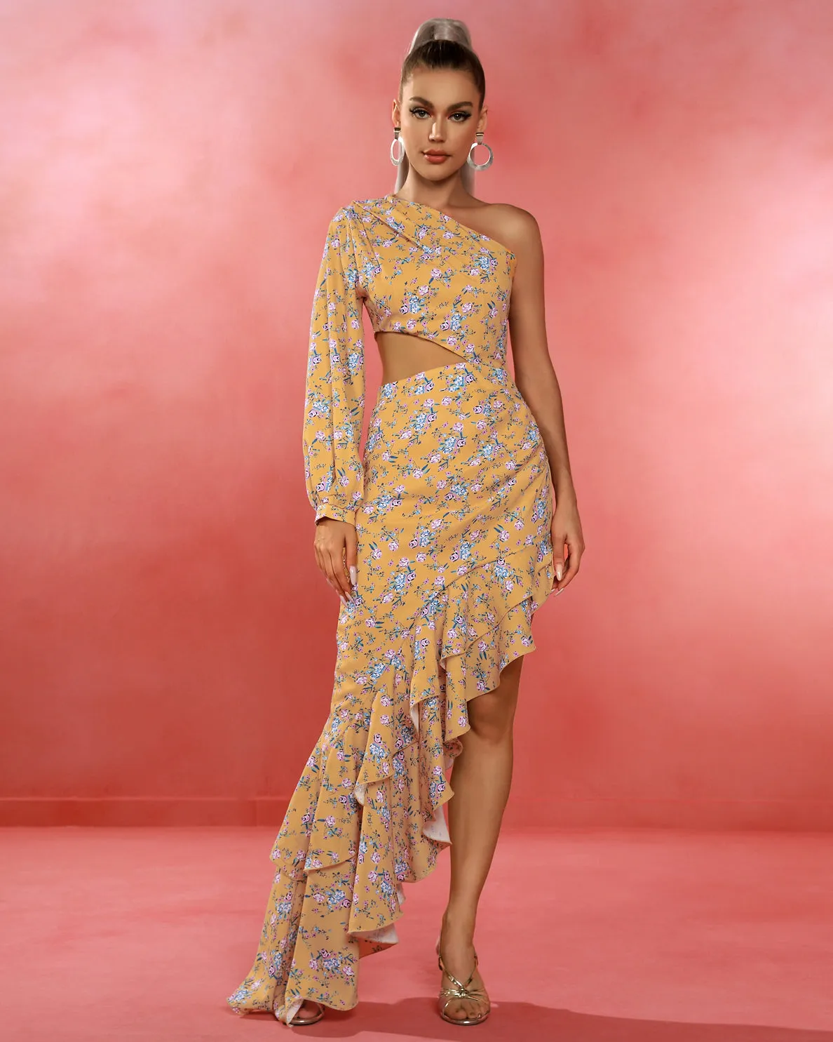 One Shoulder Cut Out Floral Maxi Dress