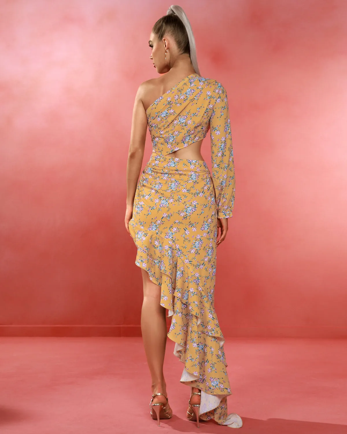 One Shoulder Cut Out Floral Maxi Dress