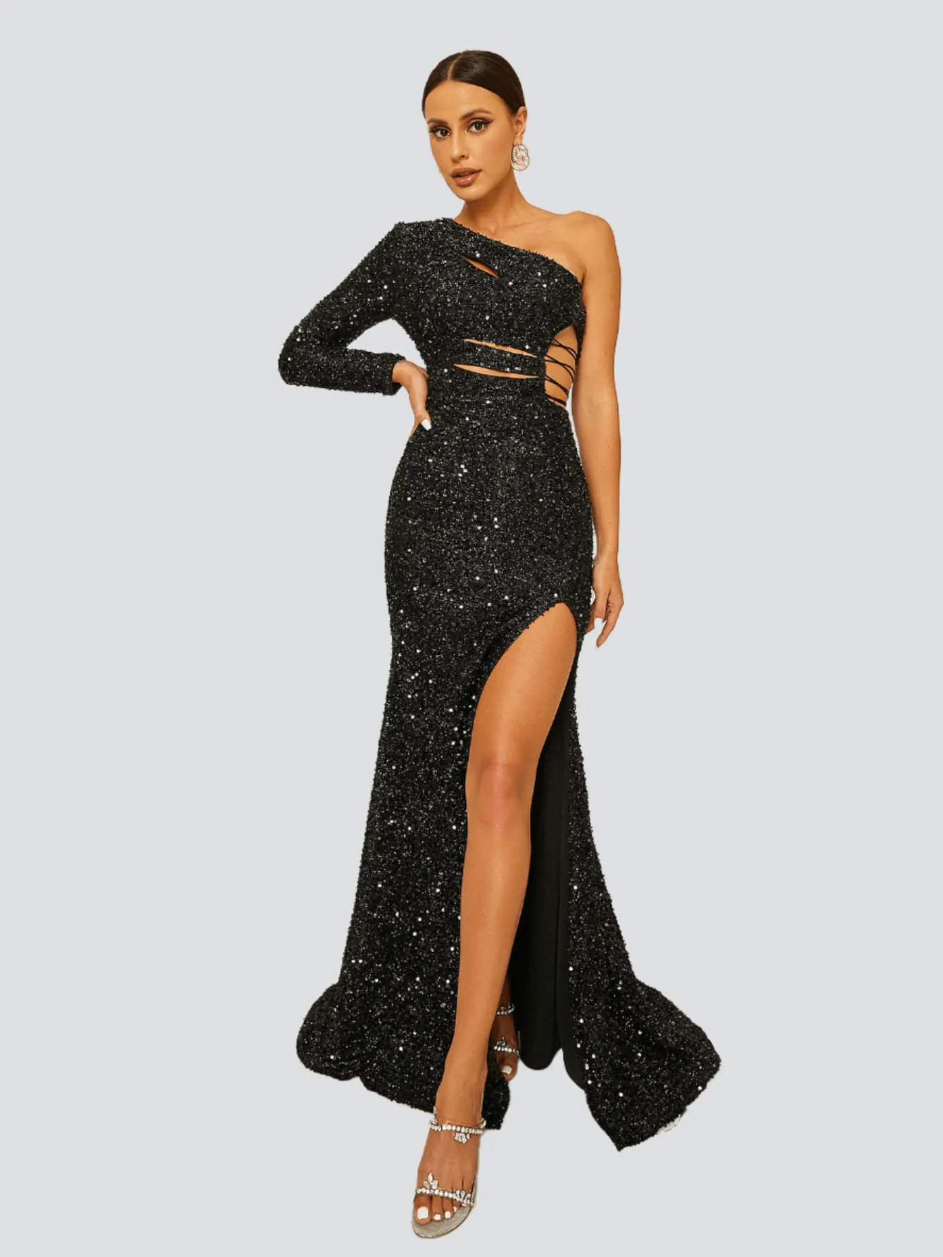 One Shoulder Cutout Sequin Prom Dress RJ10494