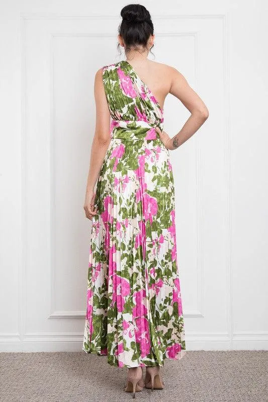 ONE SHOULDER PLEATED SIDE ZIP UP MAXI DRESS