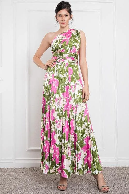 ONE SHOULDER PLEATED SIDE ZIP UP MAXI DRESS