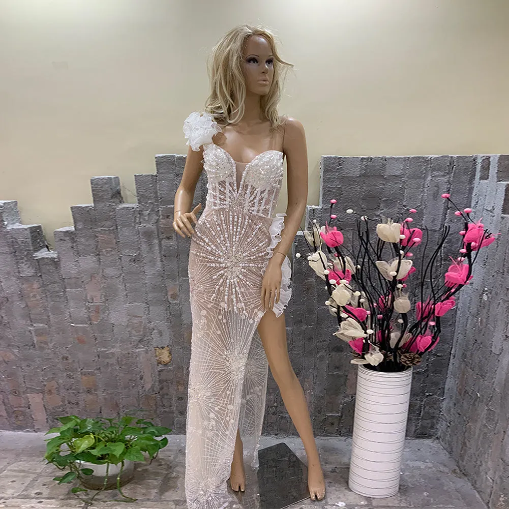 One Shoulder Sleeveless Spidery Shape Maxi Bodycon Dress HT9950