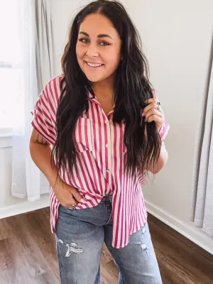 Pink   Ivory Stripe Satin Button Up