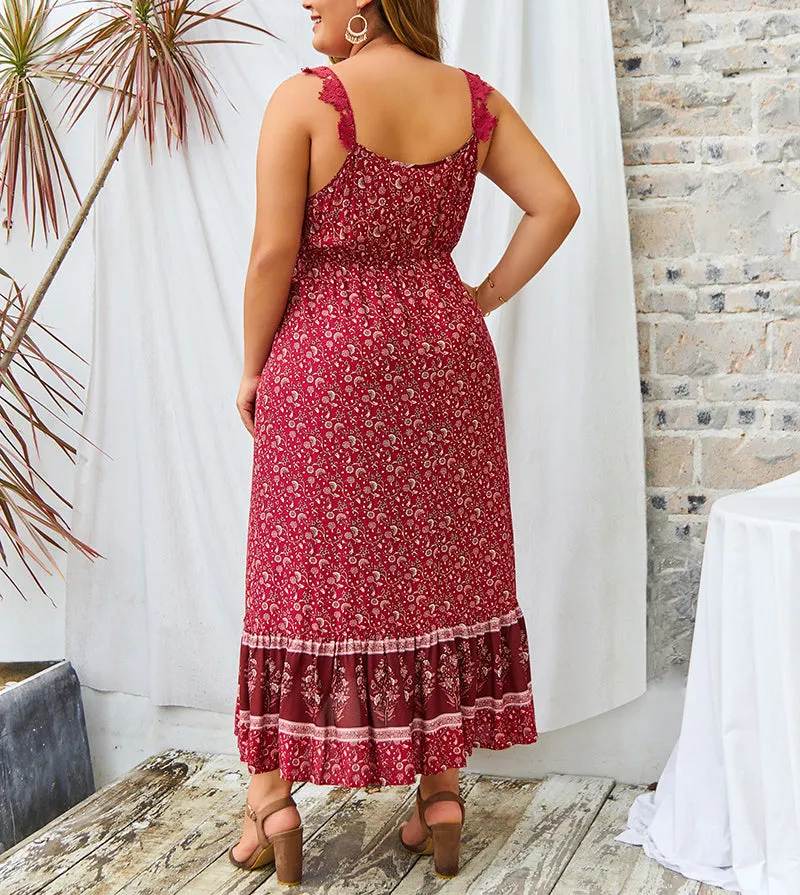 Plus Size Printed V-neck Maxi Dress