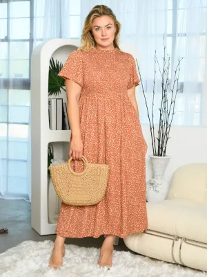 PLUS SIZE SHORT SLEEVE FLORAL SMOCKED MAXI DRESS