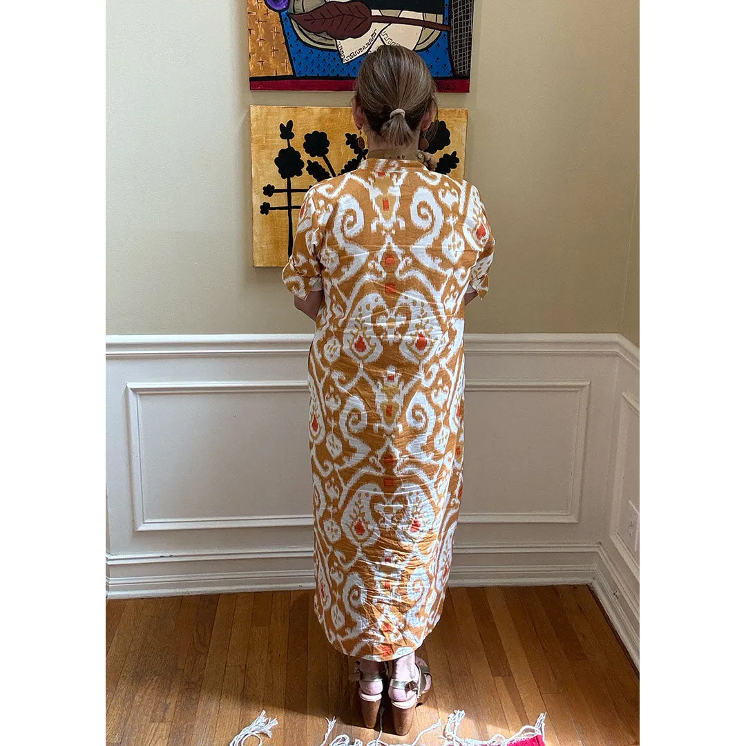 Poppy Ikat Caftan Dress - Gold Ikat