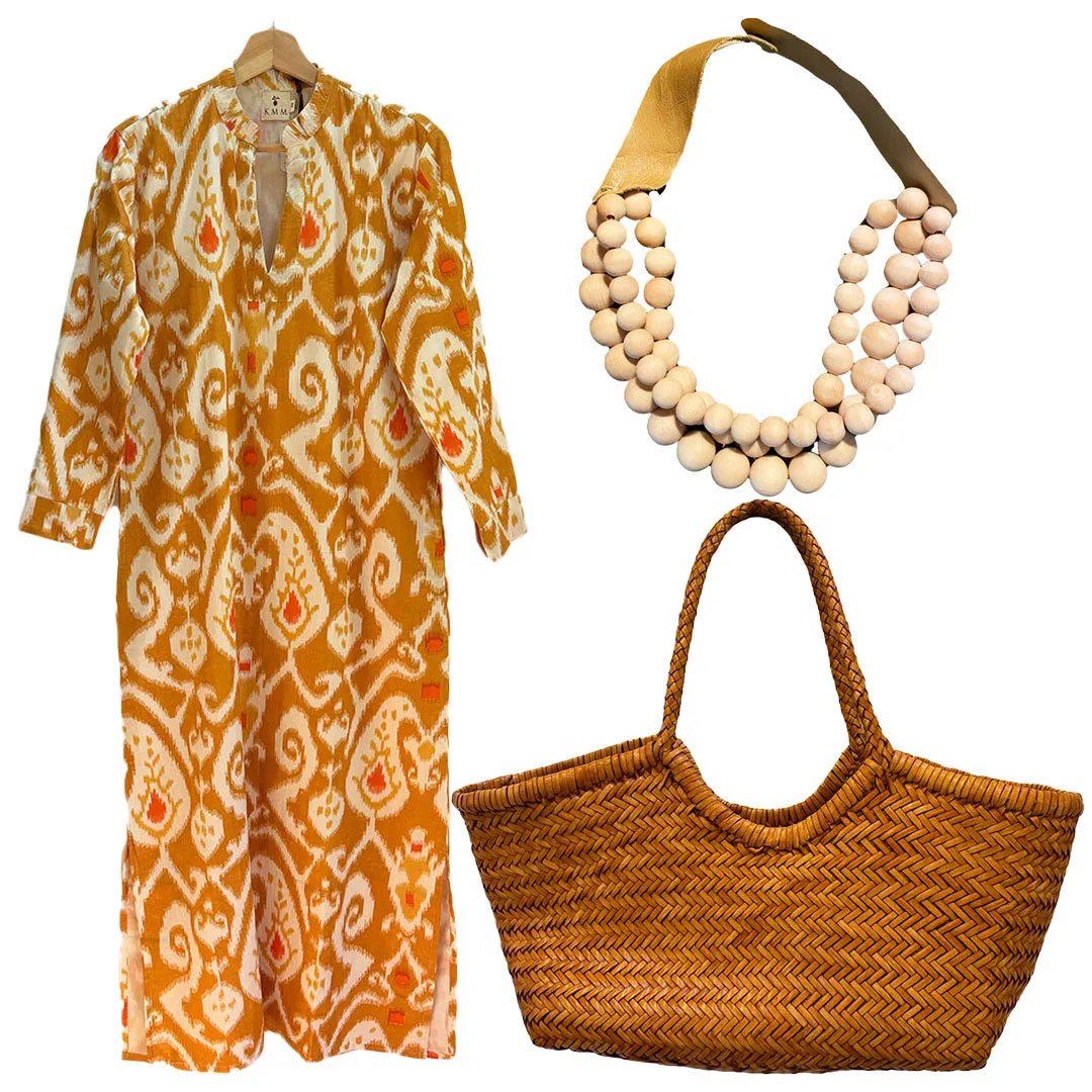Poppy Ikat Caftan Dress - Gold Ikat