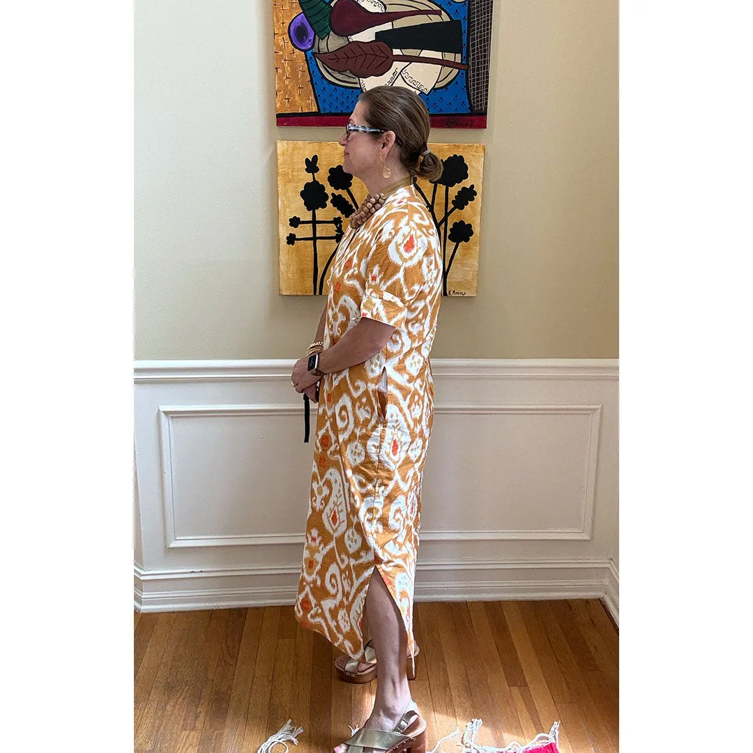 Poppy Ikat Caftan Dress - Gold Ikat