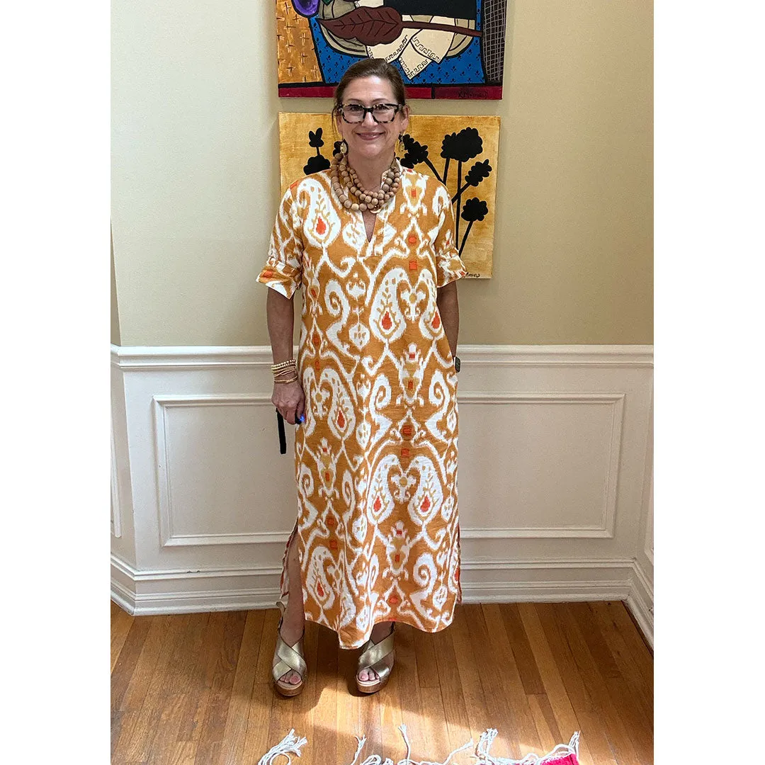 Poppy Ikat Caftan Dress - Gold Ikat
