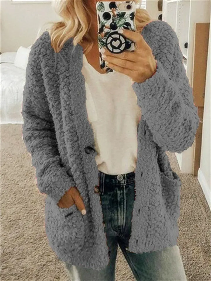 Popular Large Size Button Fleece Overcoat for Ladies