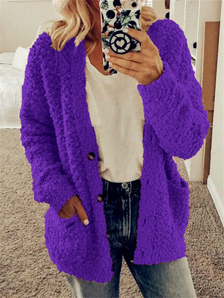 Popular Large Size Button Fleece Overcoat for Ladies