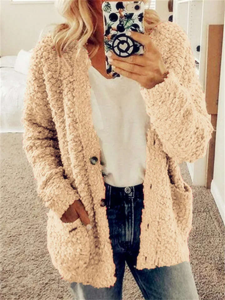 Popular Large Size Button Fleece Overcoat for Ladies