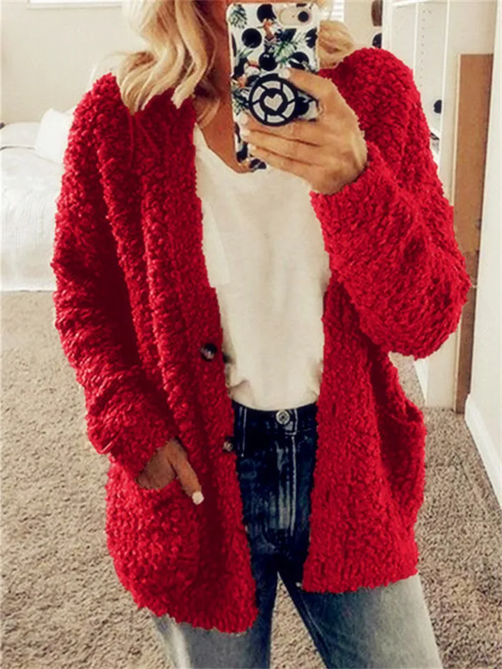 Popular Large Size Button Fleece Overcoat for Ladies