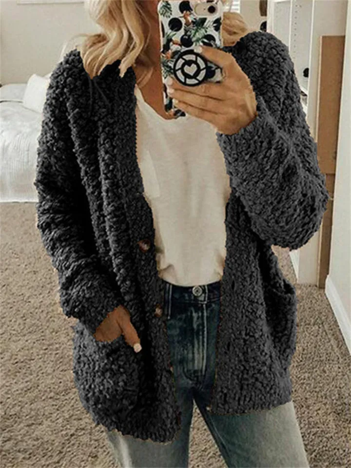 Popular Large Size Button Fleece Overcoat for Ladies