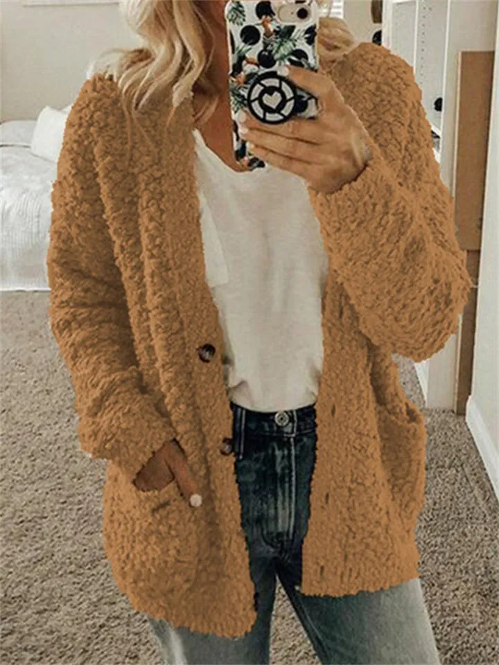 Popular Large Size Button Fleece Overcoat for Ladies