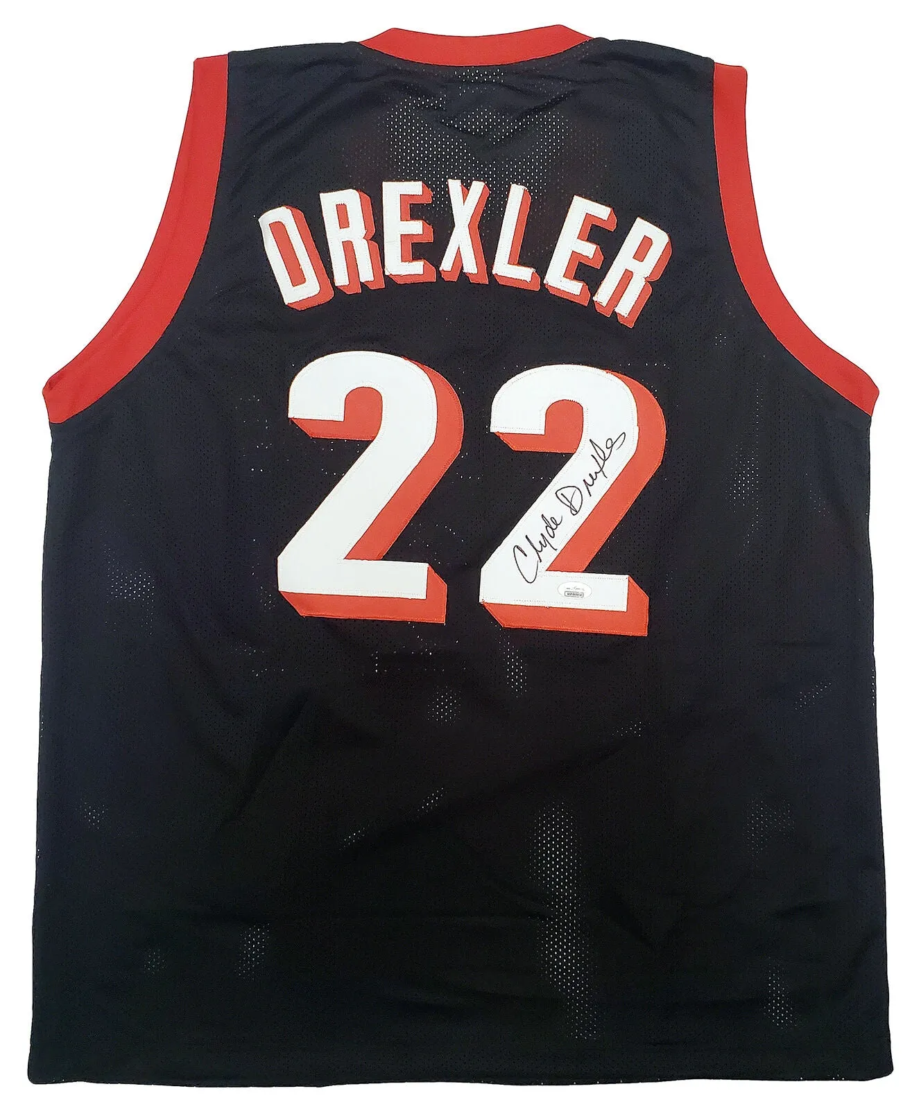 PORTLAND TRAIL BLAZERS CLYDE DREXLER AUTOGRAPHED BLACK JERSEY JSA STOCK #197006
