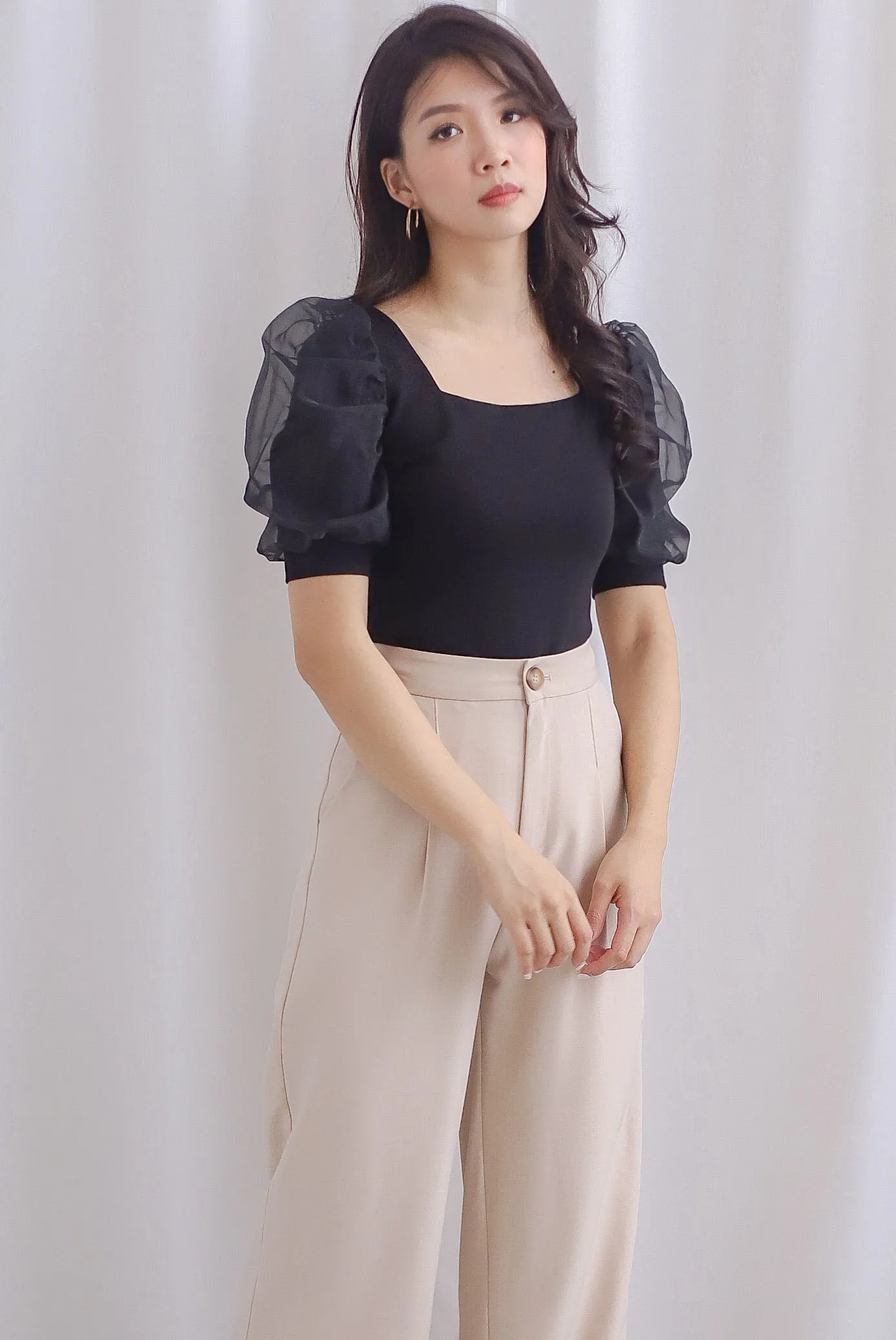 *Premium* TDC Sue Mesh Gather Sleeve Top In Black