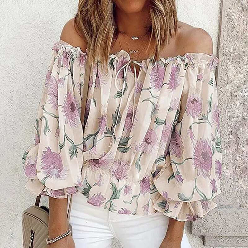 Printed Chiffon Blouse Off-shoulder